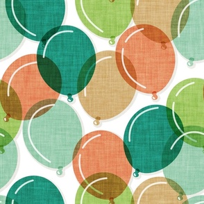 Normal scale // Party time // white background crusta orange honey yellow pine chinook and limerick green rounded transparent faux textured birthday balloons 