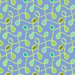 Meandering Curly Light Green Ribbons on Blue-Purple background, medium scale - 0004_G_M