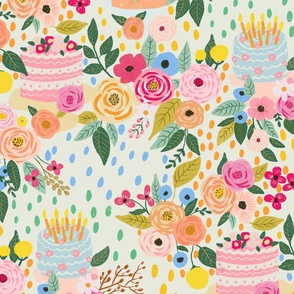 Floral Birthday party//celebration// roses, cakes, candles, flowers //large scale//wallpaper//home decor//fabric