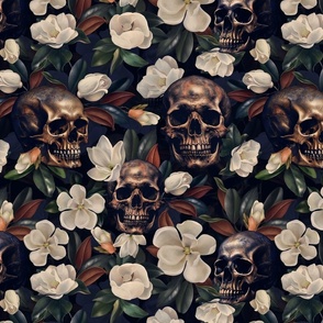 Antique Nightfall: A Vintage Floral halloween aesthetic goth wallpaper Pattern with Skulls and Mystical  Hand Painted Camellia Flowers moonlight black