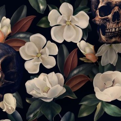 Antique Nightfall: A Vintage Floral goth wallpaper Pattern with Skulls and Mystical Hand Painted Camellia Flowers moonlight black