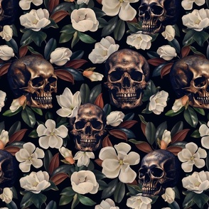 Antique Nightfall: A Vintage Floral goth wallpaper Pattern with Skulls and Mystical Hand Painted Camellia Flowers moonlight black