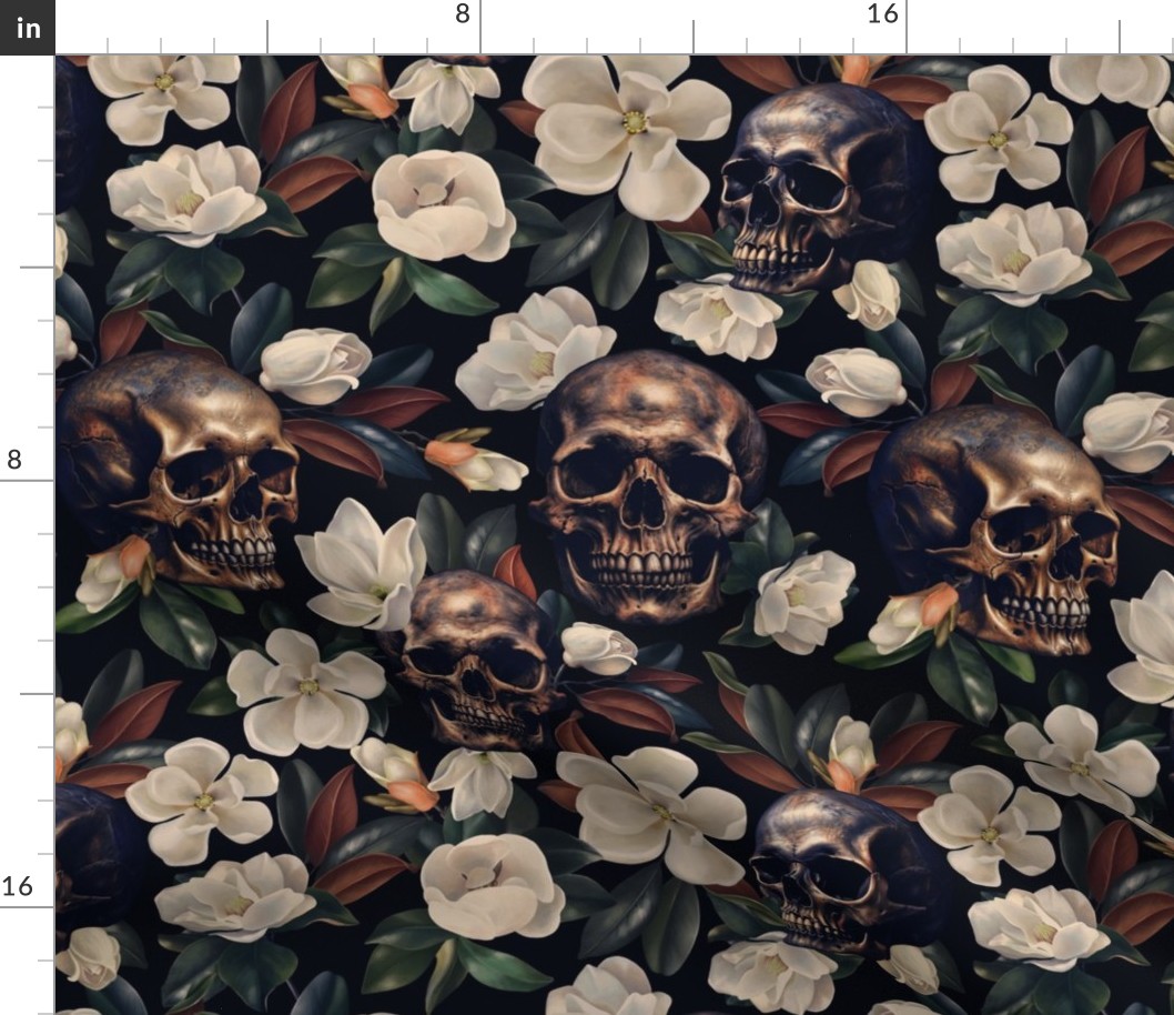 Antique Nightfall: A Vintage Floral goth wallpaper Pattern with Skulls and Mystical Hand Painted Camellia Flowers moonlight black