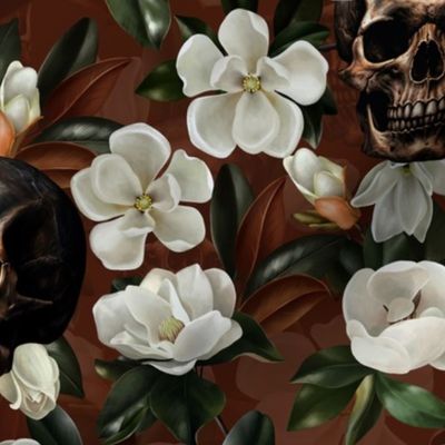 Antique Nightfall: A Vintage Floral halloween aesthetic goth wallpaper Pattern with Skulls and Mystical  Hand Painted Camellia Flowers on dark red