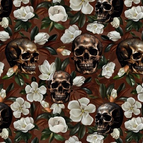 Antique Nightfall: A Vintage Floral halloween aesthetic goth wallpaper Pattern with Skulls and Mystical  Hand Painted Camellia Flowers on dark red