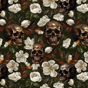 Antique Nightfall: A Vintage Floral halloween aesthetic goth wallpaper Pattern with Skulls and Mystical  Hand Painted Camellia Flowers on black