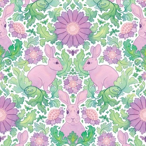 (large) Rabbit in a flower garden - spring damask