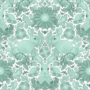 (large) Rabbit in a flower garden - spring damask, green