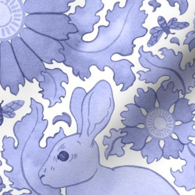 (large) Rabbit in a flower garden - winter damask, blue/periwinkle