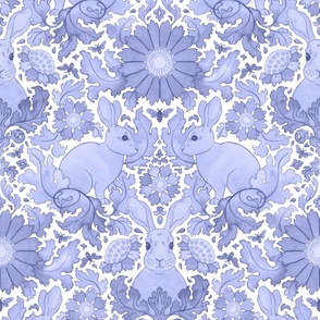 (large) Rabbit in a flower garden - winter damask, blue/periwinkle