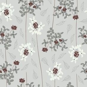 whimsical light and dark gray, marsala flowers (mid) in lines with leaves on light grey