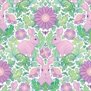 (medium) Rabbit in a flower garden - spring damask