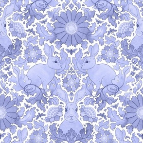 (medium) Rabbit in a flower garden - winter damask, blue/periwinkle