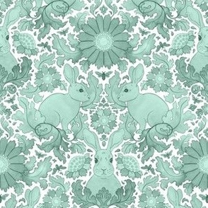 (small) Rabbit in a flower garden - spring damask, green