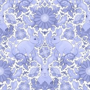 (small) Rabbit in a flower garden - winter damask, blue/periwinkle