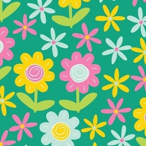 XL 24x24in bright flowers - teal