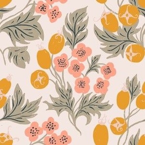 Hawthorn blooms and berries in pastel pinks and peach