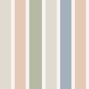 Big Scale | Modern Cottage Chic Vertical Stripes: Italian Summer Elegant Stripe Pattern in muted blush nude cream taupe blue green on white for Pastel Garden Upholstery, Home Office Wallpaper, and Cottagecore Bathroom Home Décor with Neutral Color Palette