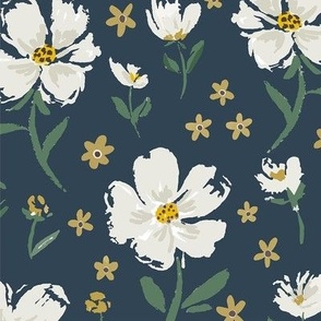 Freya Florals White and Navy Blue with Gold tossed flowers, Bloom Wild Design