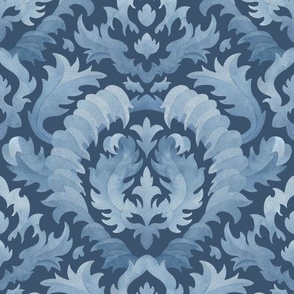 (medium) Acanthus  leaves - watercolour damask, dark blue