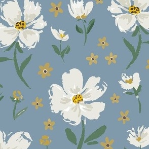 Freya Florals White Flowers on Light Blue with Gold Flowers, Bloom Wild Design