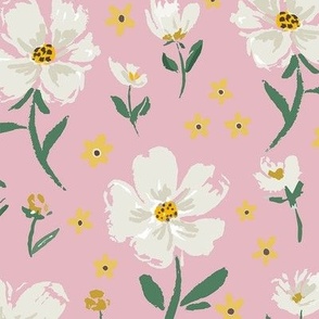 Freya White Flower Field on Pink, with green and yellow accents, Bloom Wild Design 