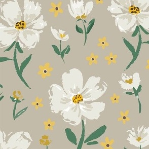 Freya Florals White Flowers on Natural with Green and Yellow/Gold Accents -Bloom Wild Design 