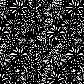 Party Fireworks- Silver White Dazzling Sky with Fire Flowers- Black and White- Regular Scale 