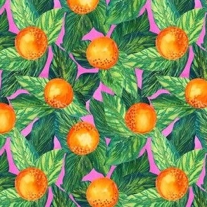 Orange You Glad You Came to my Party - Ditsy Scale - Citrus Bold Maximalist Leaves Pink Background