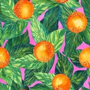 Orange You Glad You Came to my Party - Small Scale - Citrus Bold Maximalist Leaves Pink Background