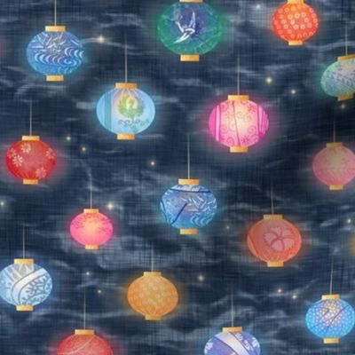 Paper Lanterns and Fireflies | Chinese lanterns on a deep slate blue shibori linen background, Chinese New Year, Lunar New Year, Spring Festival, multicolored lanterns, Korean New Year, patterned lanterns on dark blue.