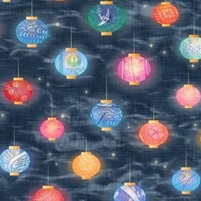 Paper Lanterns and Fireflies | Chinese lanterns on a deep slate blue shibori linen background, Chinese New Year, Lunar New Year, Spring Festival, multicolored lanterns, Korean New Year, patterned lanterns on dark blue.