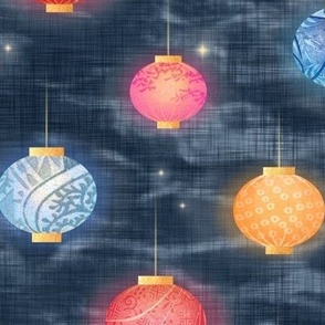 Paper Lanterns and Fireflies (xl scale) | Chinese lanterns on a deep slate blue shibori linen background, Chinese New Year, Lunar New Year, Spring Festival, multicolored lanterns, Korean New Year, patterned lanterns on dark blue.