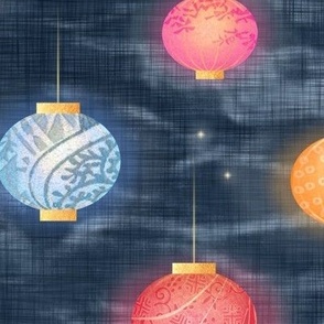 Paper Lanterns and Fireflies (xxl scale) | Chinese lanterns on a deep slate blue shibori linen background, Chinese New Year, Lunar New Year, Spring Festival, multicolored lanterns, Korean New Year, patterned lanterns on dark blue.