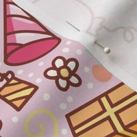 Party design for birthdays with balloons, cakes, party hats, cupcakes and presents (pink version)