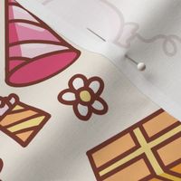 Party design for birthdays with balloons, cakes, party hats, cupcakes and presents (simpler version)