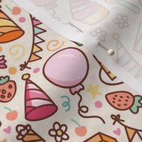 Party design for birthdays with balloons, cakes, party hats, cupcakes and presents (beige small size version)