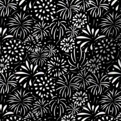 Party Fireworks- Silver White Dazzling Sky with Fire Flowers- Black and White- Small Scale 