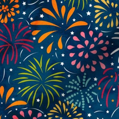 Party Fireworks- Rainbow Dazzling Sky with Fire Flowers- Explosion of Color on Blue- Regular Scale 