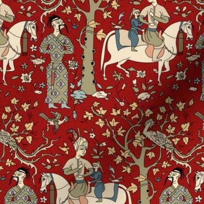 Persian Tale- Royals and Nobles on horses riding through a forest landscape with Phoenix bird perched on trees- Vintage Red- Small Scale