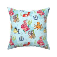 Under The Sea Creatures and Mermaid Light Blue Background