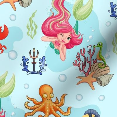 Under The Sea Creatures and Mermaid Light Blue Background