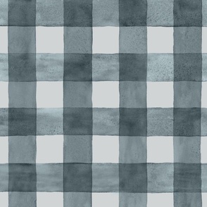 Steel Gray Blue Buffalo Plaid  Gingham - Large Scale - Watercolor Painted Grey Dark Stone Blue