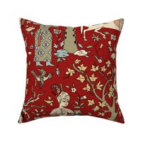 Persian Tale- Royals and Nobles on horses riding through a forest landscape with Phoenix bird perched on trees- Vintage Red- Large Scale