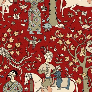 Persian Tale- Royals and Nobles on horses riding through a forest landscape with Phoenix bird perched on trees- Vintage Red- Large Scale