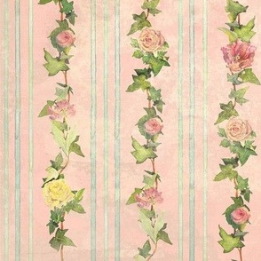 Watercolor Striped Floral Pink Yellow Flowers L 13.5"