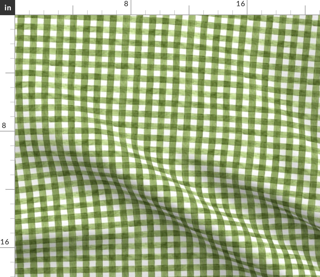 Moss Green Watercolor Gingham - Ditsy Scale - Watercolor Forest Green Dark Avocado Checkers Buffalo Plaid