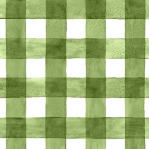 Moss Green Watercolor Gingham - Large Scale - Watercolor Forest Green Dark Avocado Checkers Buffalo Plaid