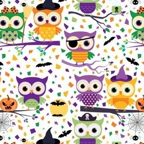 Cute Halloween owls in orange, purple and green colors on tree branches with broom, pumpkin and spider