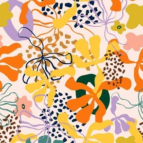 Abstract layered multi color yellow, orange, purple, pink shapes, and organic forms on warm beige